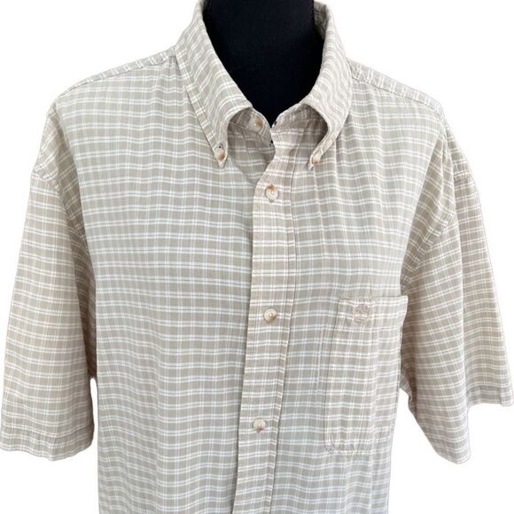 Timberland button front short sleeved tan/white plaid shirt size XL - Picture 2 of 6